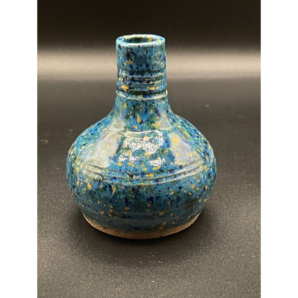 Studio Pottery Blue Speckled Bud Vase Handcrafted Ceramic Ribbed Neck 4.5"